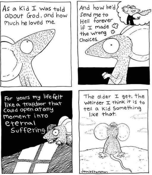 A comic reflecting on childhood religious beliefs and questioning