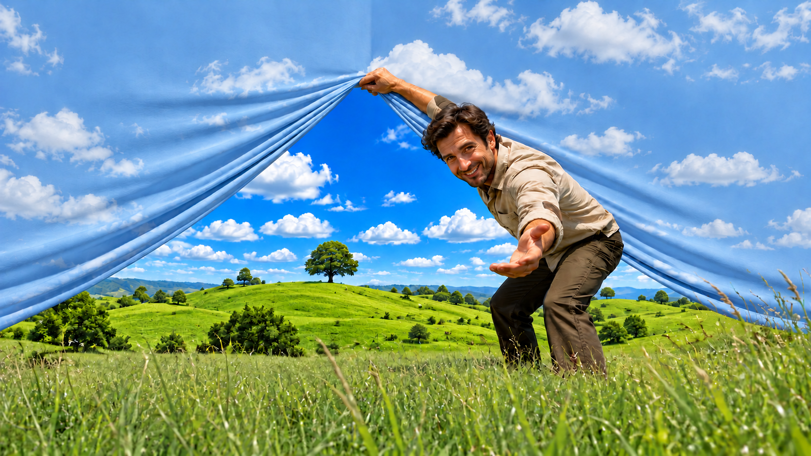 A person lifting a curtain of sky to look beyond it, revealing a green landscape